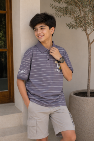 Boys Grey Striped Polo Neck T-Shirt | Premium Cotton Half Sleeve Casual Wear 6527-268-PPL-LN