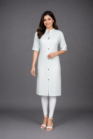 Women's Mint Green Striped Cotton Straight Kurti | Mandarin Collar | Front Button Design | Half Sleeves | Casual, Office & Daily Wear 54-24-SBLU-PR