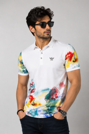 Men's White Multicolor Abstract Printed Polo T-Shirt | Premium Cotton | Regular Fit | Half Sleeve Smart Casual Polo Tee 5421-389-WHT-PR