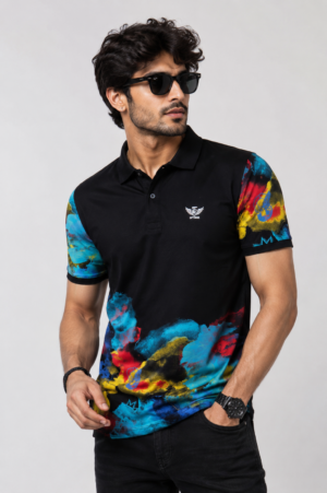 Men's Black Multicolor Abstract Printed Polo T-Shirt | Premium Cotton | Regular Fit | Half Sleeve Smart Casual Polo Tee 5421-389-BLK-PR