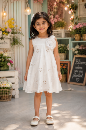 Girls White Floral Applique Cotton Sleeveless A-Line Dress | Soft & Comfortable Casual Party Wear 5430-31-OWT-FL