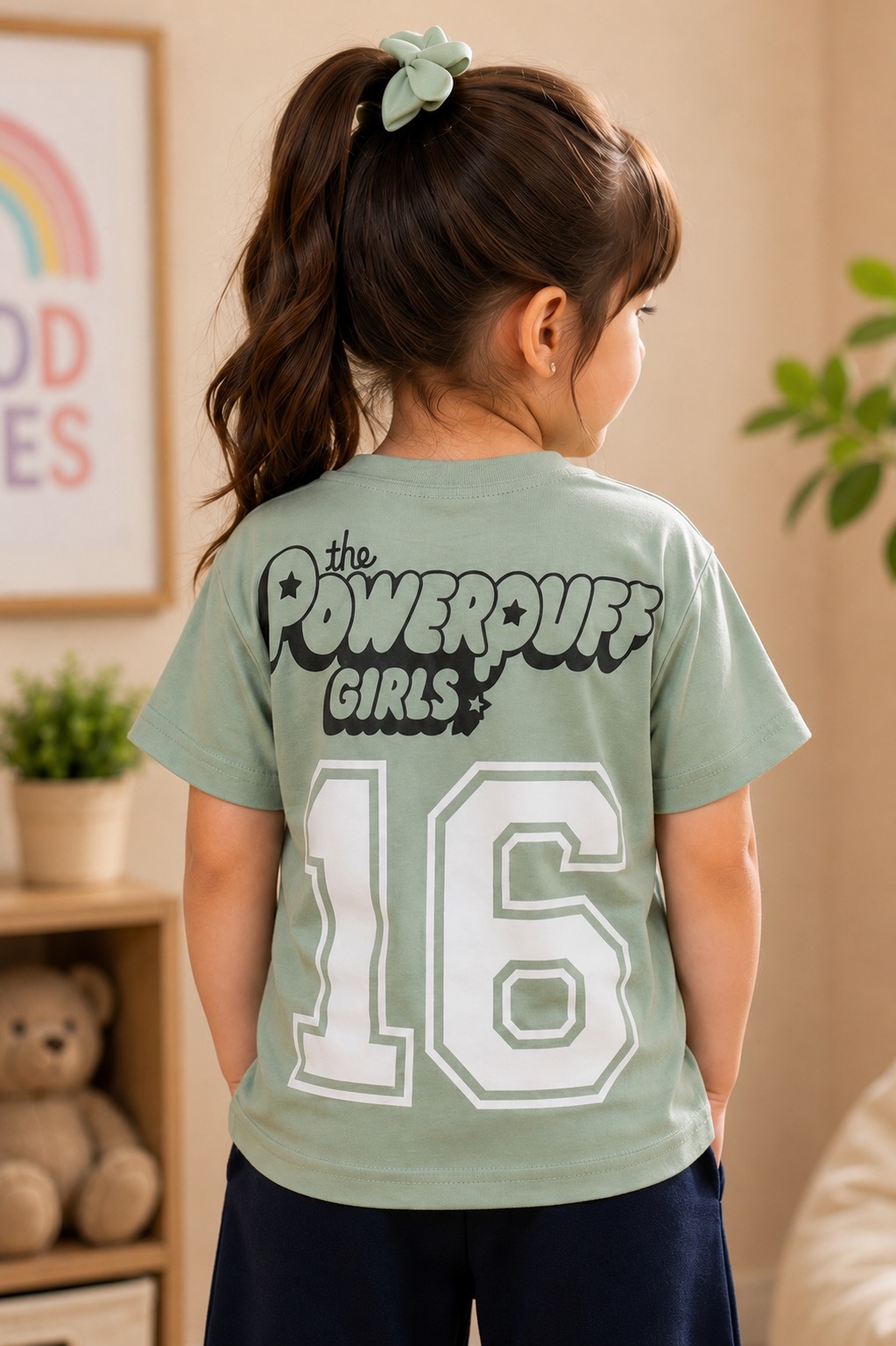 Girls' Sage Green Powerpuff Girls Graphic Printed Cotton T-Shirt | Casual Half Sleeve Kids Top 066-268-L GRN-PR - Image 2