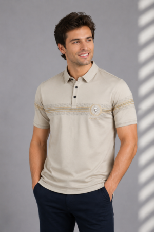 Men's Sand Beige Textured Stripe Polo T-Shirt | Premium Cotton | Regular Fit | Half Sleeve Smart Casual Polo Tee 5627-395-D.BEG