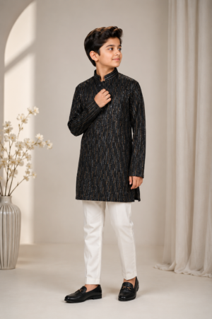 Boys Black Printed Kurta with White Pajama Set | Ethnic Festive Wear | Mandarin Collar Traditional Outfit  4006-248-BLK-SP