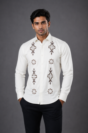 Men's White Embroidered Full Sleeve Casual Shirt | Slim Fit | Button-Down | Premium Cotton Blend 17313-401-OW