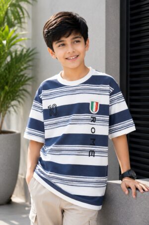 Boys Navy Blue & White Striped Oversized Cotton T-Shirt | Casual Half Sleeve Graphic Tee 52203-49-BLU-LI
