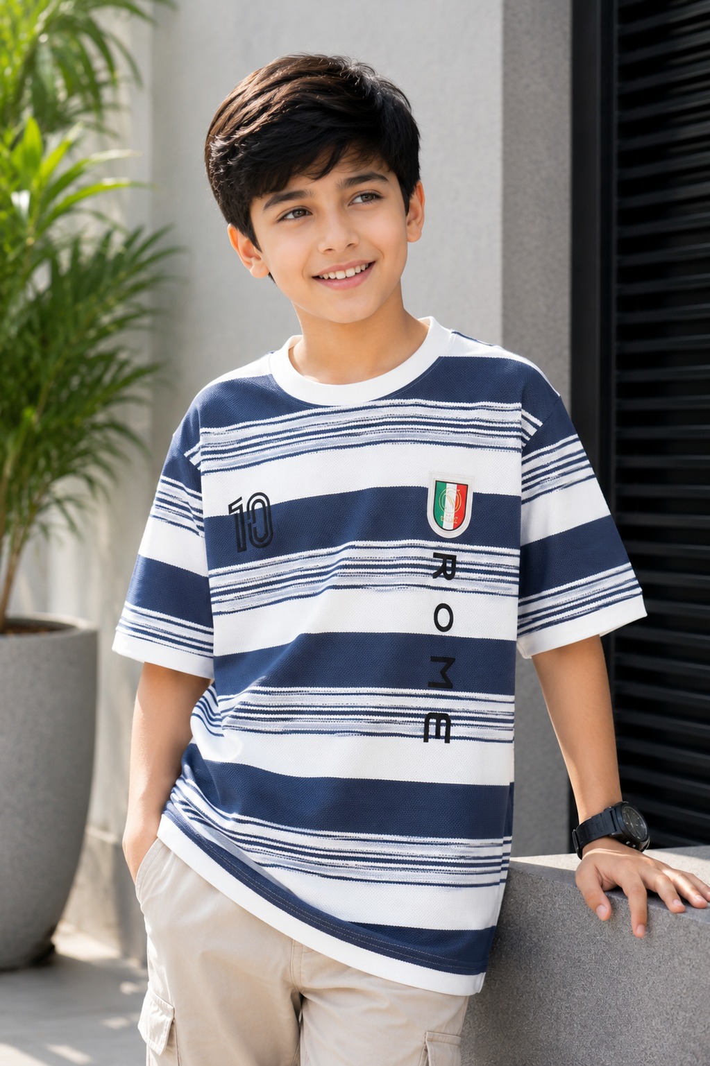Boys Navy Blue & White Striped Oversized Cotton T-Shirt | Casual Half Sleeve Graphic Tee 52203-49-BLU-LI