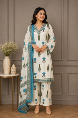 Women's Off-White & Blue Printed Kurta Pant Dupatta Set | Floral Ethnic Suit | Straight Fit | Festive, Office & Casual Wear K3695FL-449-OW