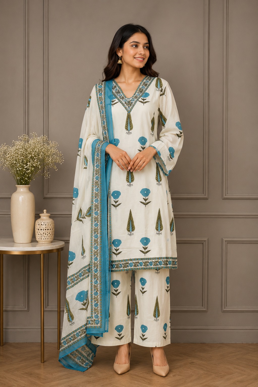 Women's Off-White & Blue Printed Kurta Pant Dupatta Set | Floral Ethnic Suit | Straight Fit | Festive, Office & Casual Wear K3695FL-449-OW