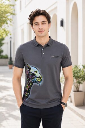 Men's Charcoal Grey Graphic Printed Polo T-Shirt | Premium Cotton Blend Half Sleeve Regular Fit Casual Wear 3024PL-362-GRY