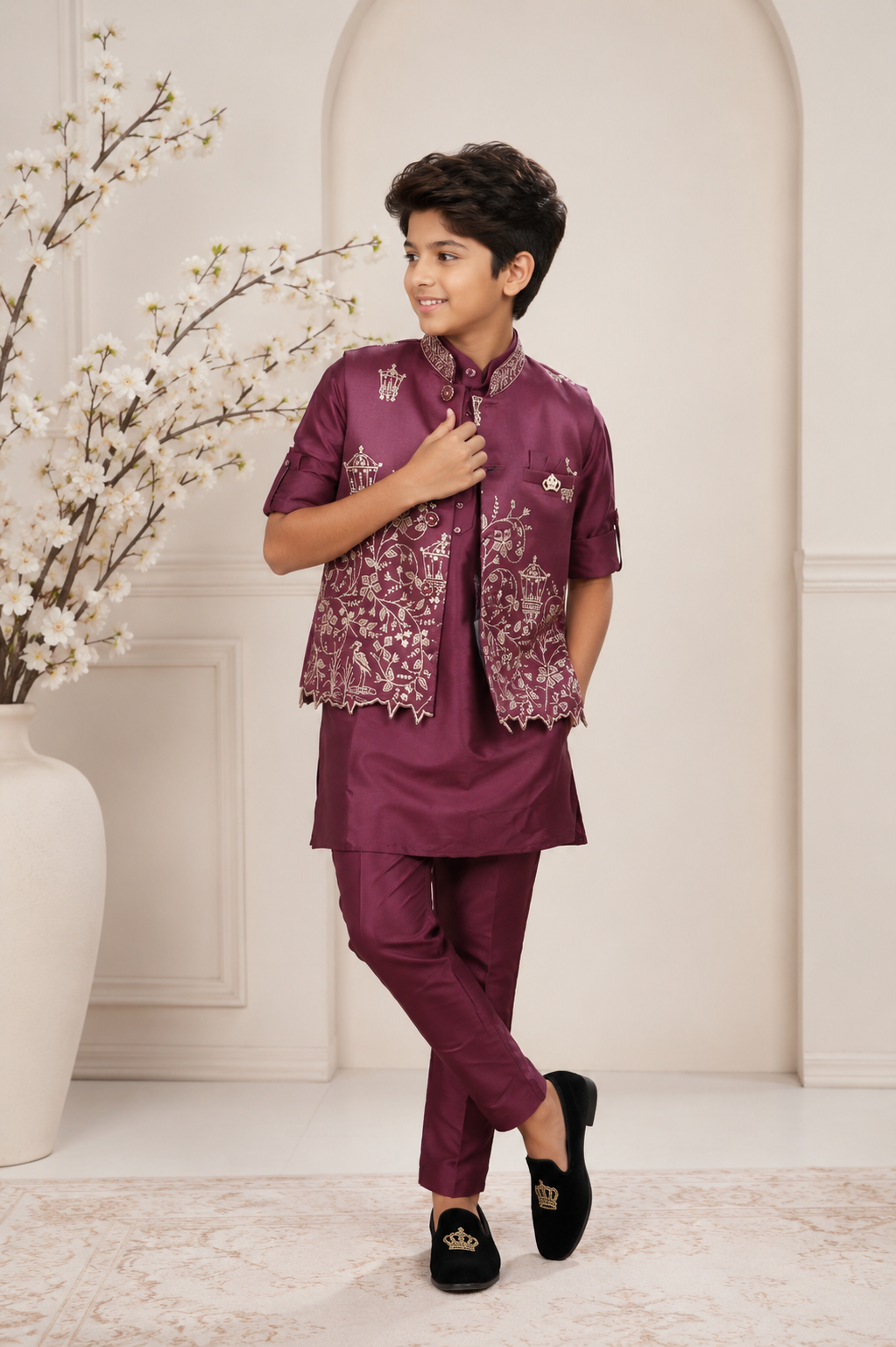 Boys Wine Kurta Pajama Set with Embroidered Nehru Jacket | Premium Festive Ethnic Wear 2617-366-ONN-PR