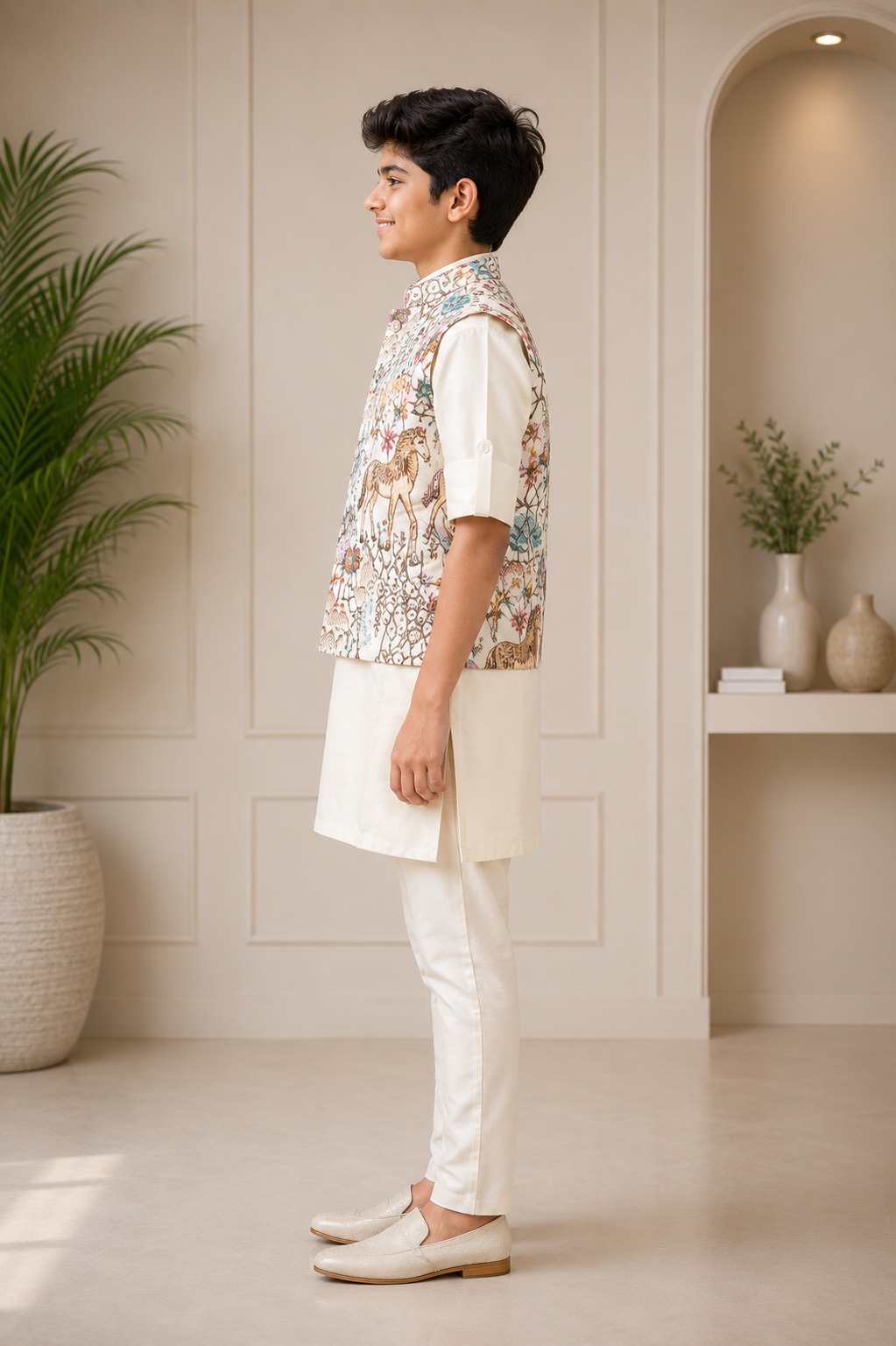 Boys Cream Kurta Pajama Set with Printed Nehru Jacket | Premium Festive Ethnic Wear 2522-366-FWN-PR - Image 2