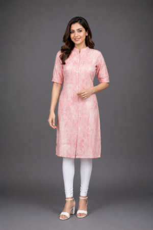Women's Blush Pink Printed Straight Kurta | Mandarin Collar | 3/4 Sleeves | Regular Fit | Casual, Office & Daily Wear 60-24-PCH-PR