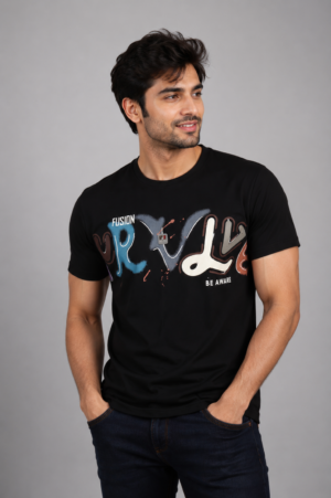 Men's Black Typography Graphic Printed T-Shirt | Premium Cotton | Regular Fit | Half Sleeve Round Neck Casual Tee 6075-395-BLK