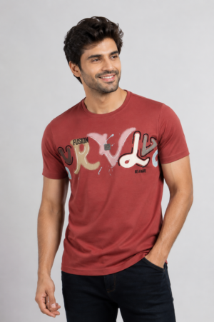 Men's Brick Red Typography Graphic Printed T-Shirt | Premium Cotton | Regular Fit | Half Sleeve Round Neck Casual Tee 6075-395-D RST