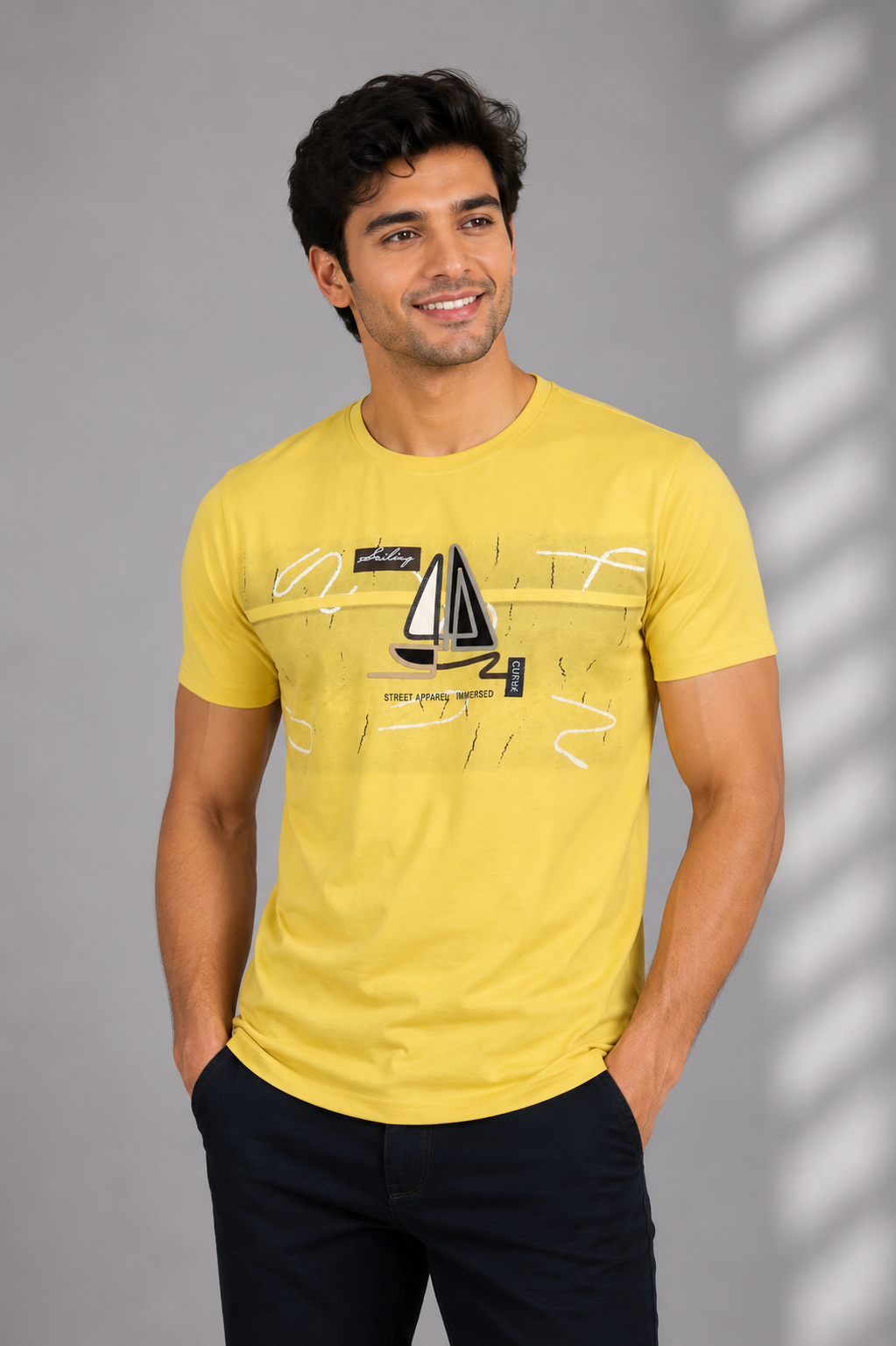 Men's Yellow Sailboat Graphic Printed T-Shirt | Premium Cotton | Regular Fit | Half Sleeve Round Neck Casual Tee 6076-395-YLW