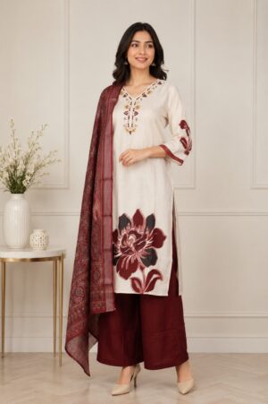 Women's Off-White & Maroon Floral Printed Kurta Pant Dupatta Set | Elegant Ethnic Suit | Straight Fit | Festive, Office & Casual Wear 9774-340-FWN