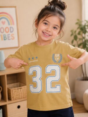 Girls' Mustard Numeric Graphic Printed Cotton T-Shirt | Casual Half Sleeve Kids Top 066-268-MST-PR