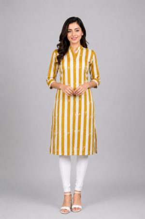 Women's Mustard Yellow & White Striped Cotton Straight Kurti | Mandarin Collar | 3/4 Sleeves | Casual, Office & Daily Wear 61-24-YLW-PR