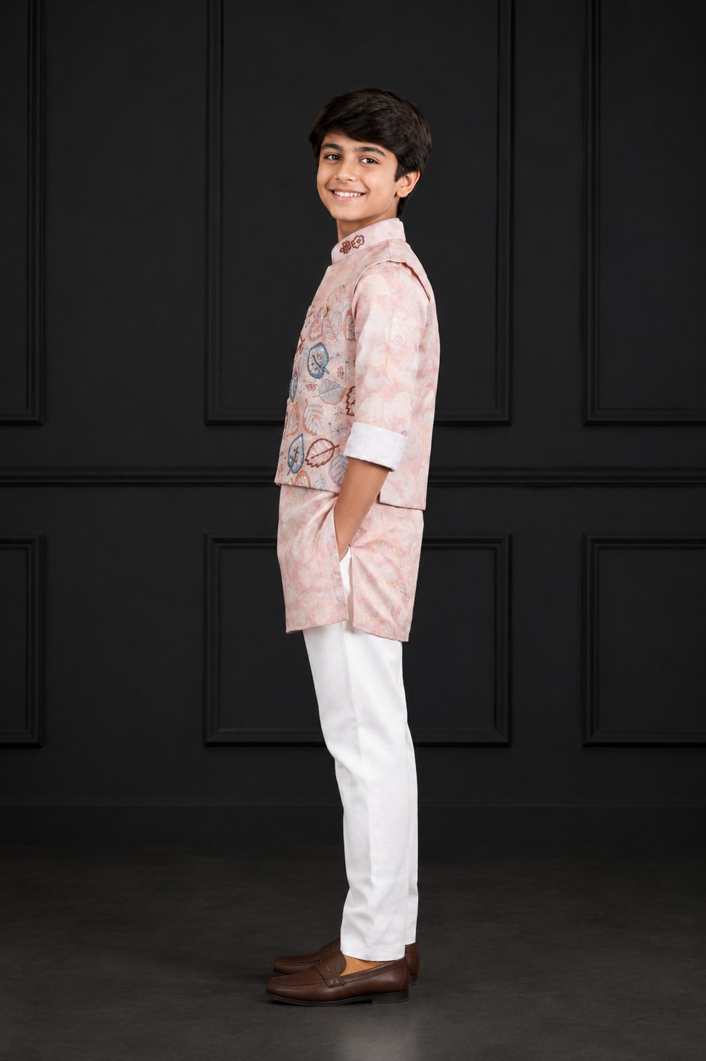 Boys Blush Pink Kurta Pajama Set with Printed Nehru Jacket | Festive Ethnic Wear 2645-366-PCH-PR - Image 2