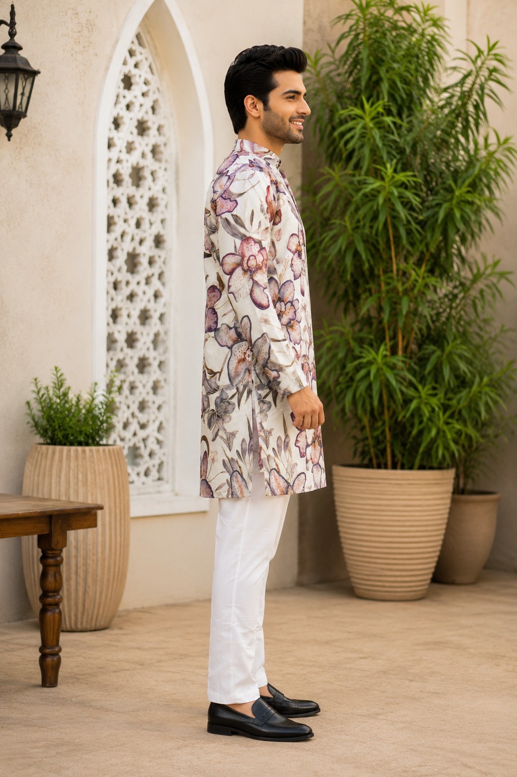 Men's White Floral Printed Kurta with White Pajama | Premium Festive Ethnic Wear 440-366-CRM-PR - Image 2