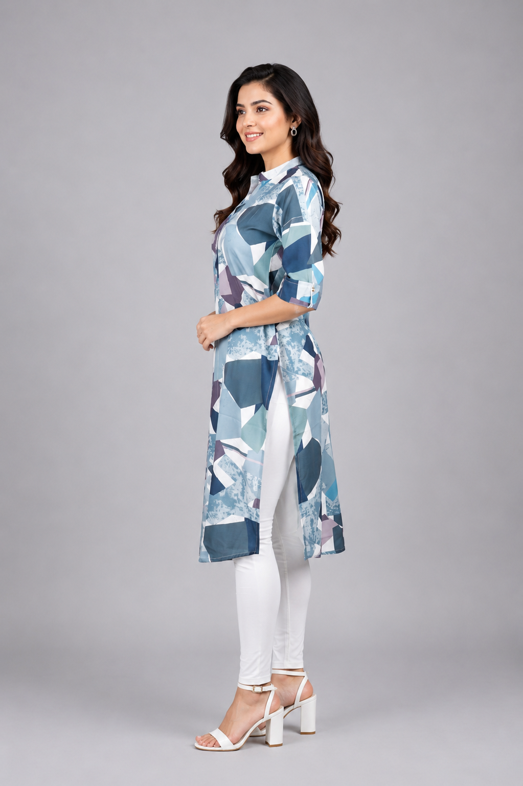 Women's Blue Cotton Straight Kurti with Geometric Abstract Print | Mandarin Collar | 3/4 Sleeves | Casual, Office & Daily Wear 64-24-GRY-PR - Image 2