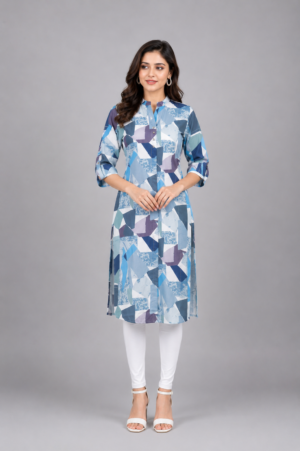 Women's Blue Cotton Straight Kurti with Geometric Abstract Print | Mandarin Collar | 3/4 Sleeves | Casual, Office & Daily Wear 64-24-GRY-PR