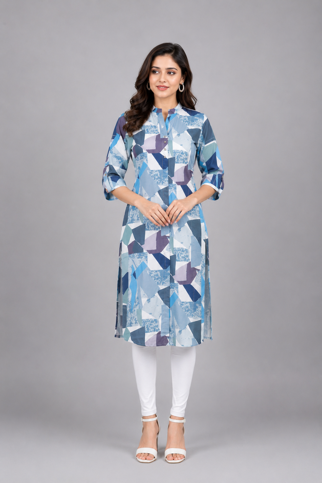 Women's Blue Cotton Straight Kurti with Geometric Abstract Print | Mandarin Collar | 3/4 Sleeves | Casual, Office & Daily Wear 64-24-GRY-PR