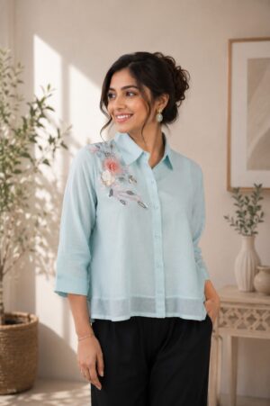 Women's Sky Blue Floral Embroidered Button-Down Shirt | Full Sleeve Casual & Office Wear 777055-23-SBLU-PT