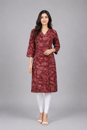 Women's Maroon Floral Printed Straight Kurta | 3/4 Sleeves | Regular Fit | Casual, Office & Daily Wear 66-24-D-ONN-PR