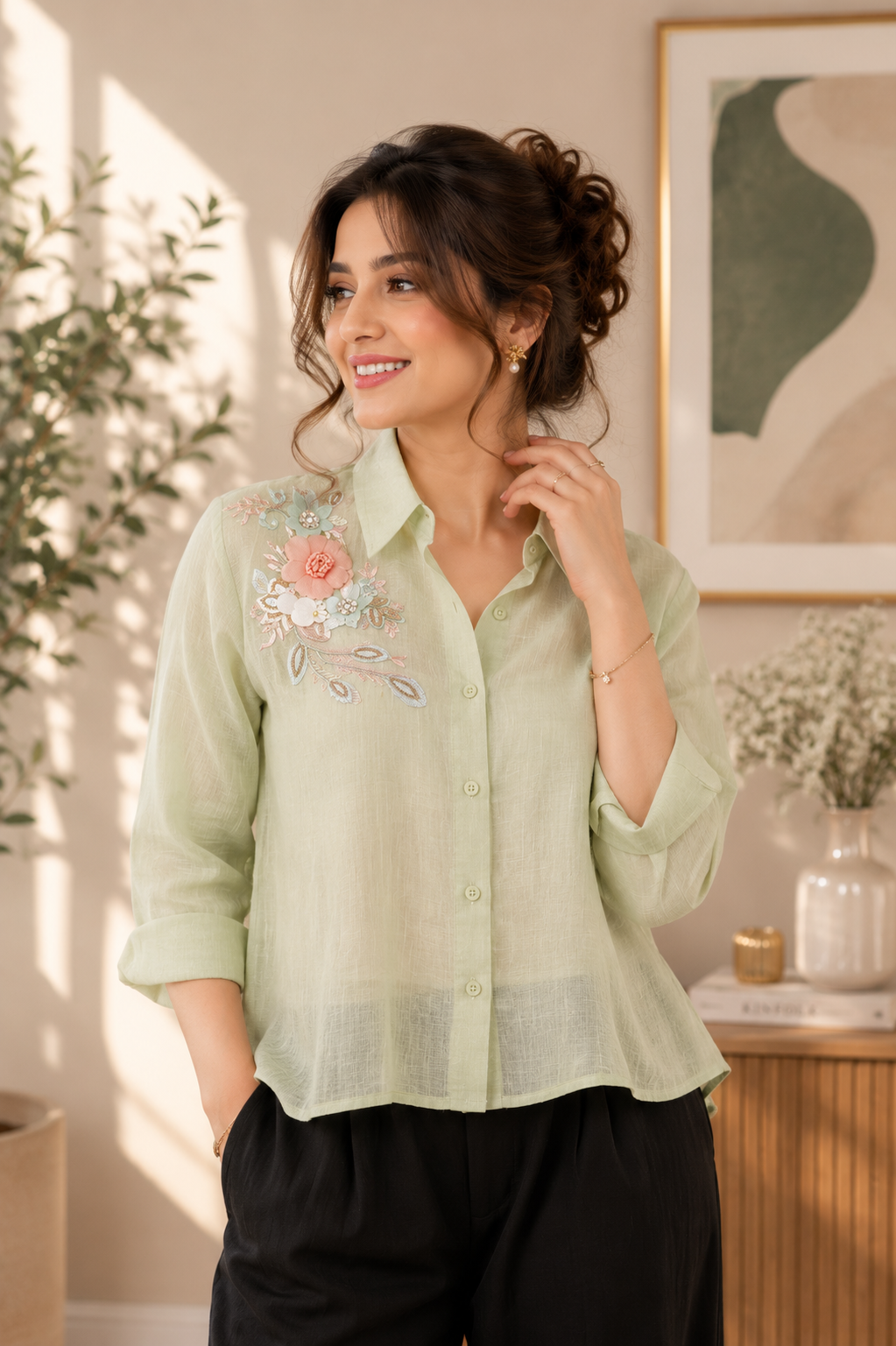 Women's Mint Green Floral Embroidered Button-Down Shirt | Full Sleeve Casual & Office Wear 777055-23-PRT GRN-PT