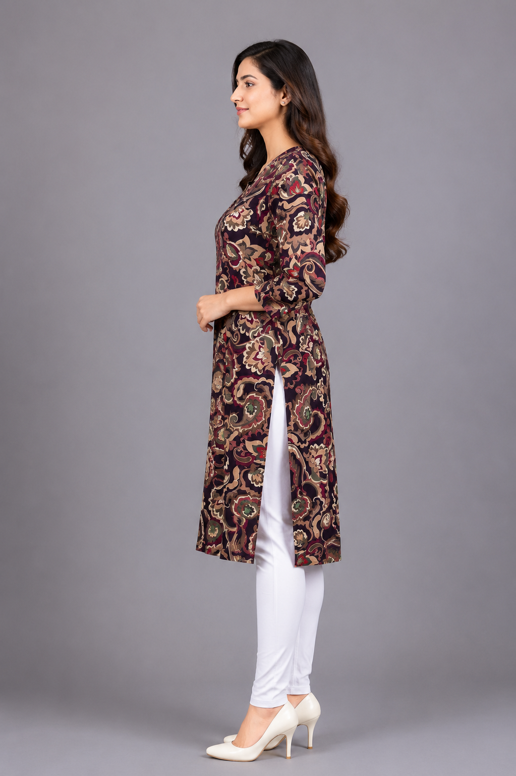 Women's Maroon Paisley Printed Straight Kurta | 3/4 Sleeves | Regular Fit | Casual, Office & Daily Wear 66-24-MLT PPL-PR - Image 2