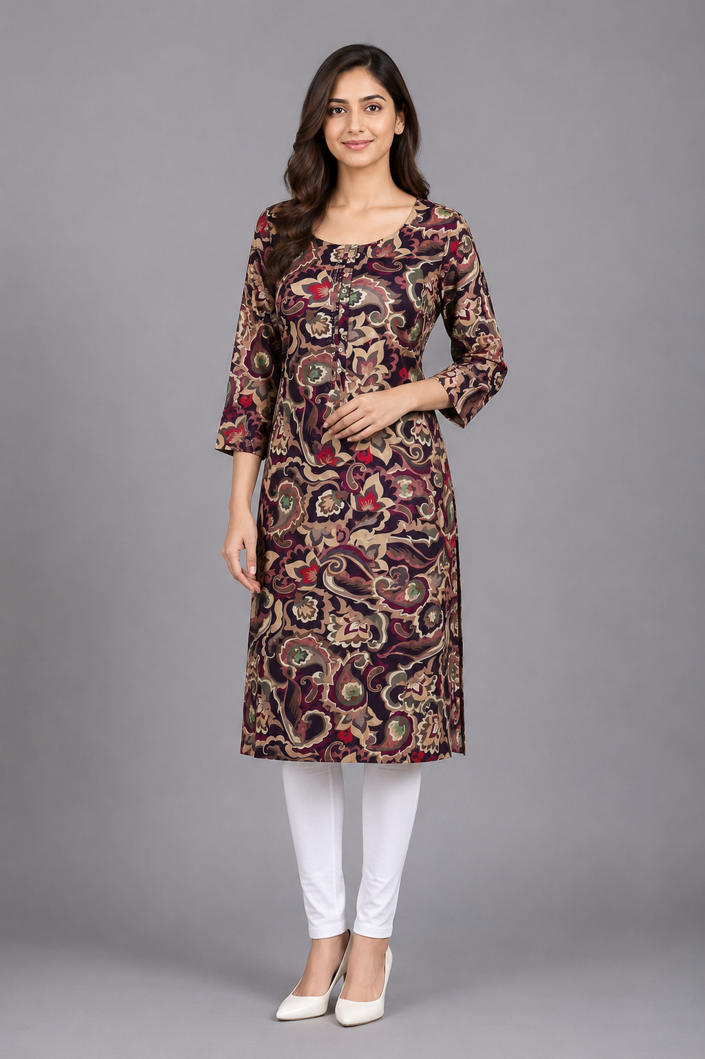 Women's Maroon Paisley Printed Straight Kurta | 3/4 Sleeves | Regular Fit | Casual, Office & Daily Wear 66-24-MLT PPL-PR