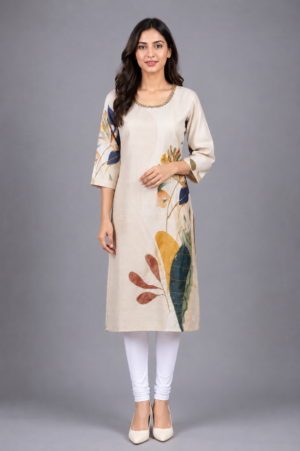 Women's Beige Abstract Leaf Printed Straight Kurta | 3/4 Sleeves | Regular Fit | Casual, Office & Daily Wear 69-24-MLT-PR