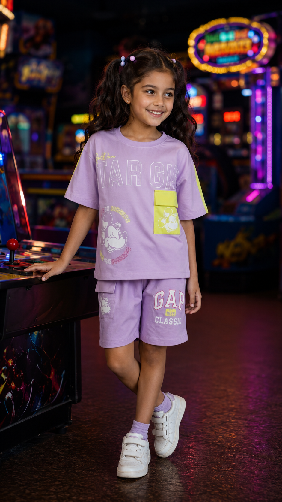 Girls Lavender Cotton Co-Ord Set | Half Sleeve T-Shirt & Shorts Casual Summer Outfit 14236PT-268-LVDR YLW