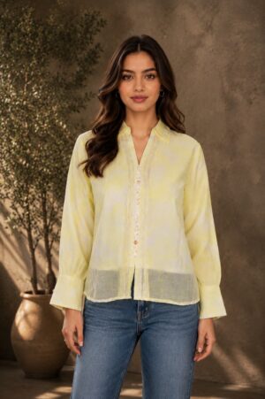 Women's Pastel Yellow Button-Down Full Sleeve Shirt | Lightweight Casual & Office Wear M10-405-LMN-L EMB