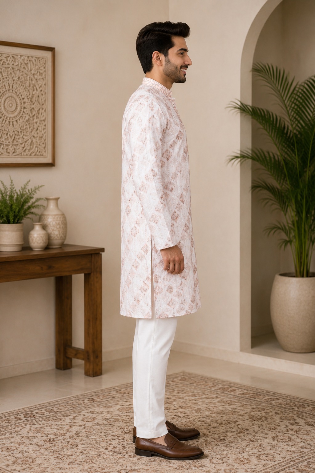 Men's Blush Pink Jacquard Kurta with White Pajama | Premium Festive Ethnic Wear 801-437-PCH-PR - Image 2