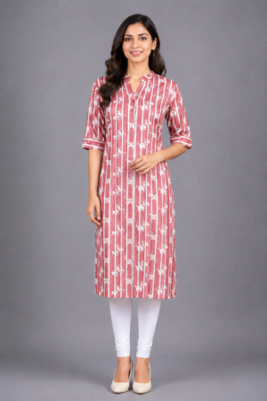 Women's Coral Pink Geometric Printed Straight Kurta | Mandarin Collar | 3/4 Sleeves | Regular Fit | Casual, Office & Daily Wear 71-24-GJR-PR