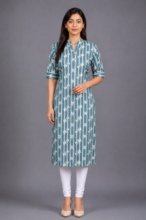 Women's Teal Blue Geometric Printed Straight Kurta | Mandarin Collar | 3/4 Sleeves | Regular Fit | Casual, Office & Daily Wear 72-24-SBU-PR