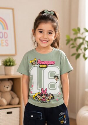 Girls' Sage Green Powerpuff Girls Graphic Printed Cotton T-Shirt | Casual Half Sleeve Kids Top 066-268-L GRN-PR