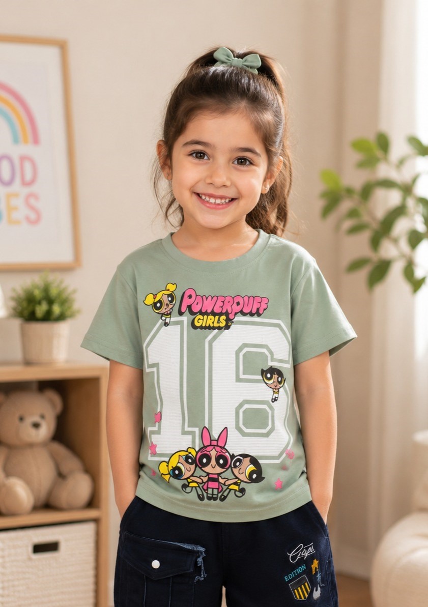 Girls' Sage Green Powerpuff Girls Graphic Printed Cotton T-Shirt | Casual Half Sleeve Kids Top 066-268-L GRN-PR