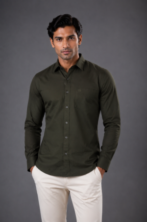 Men's Olive Green Solid Full Sleeve Casual Shirt | Slim Fit | Button-Down | Premium Cotton Blend | Office & Casual Wear 1236-49-MNDI