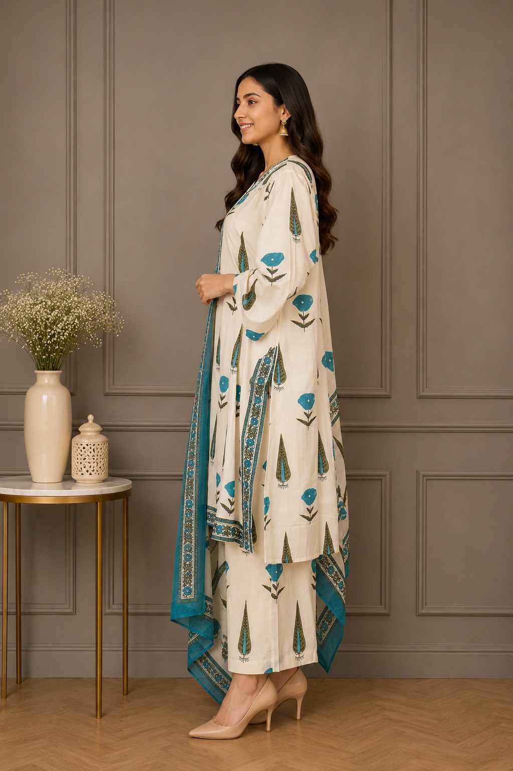 Women's Off-White & Blue Printed Kurta Pant Dupatta Set | Floral Ethnic Suit | Straight Fit | Festive, Office & Casual Wear K3695FL-449-OW - Image 2