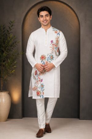Men's White Floral Embroidered Kurta with White Pajama | Premium Festive Ethnic Wear 33159-368-OWT-PR