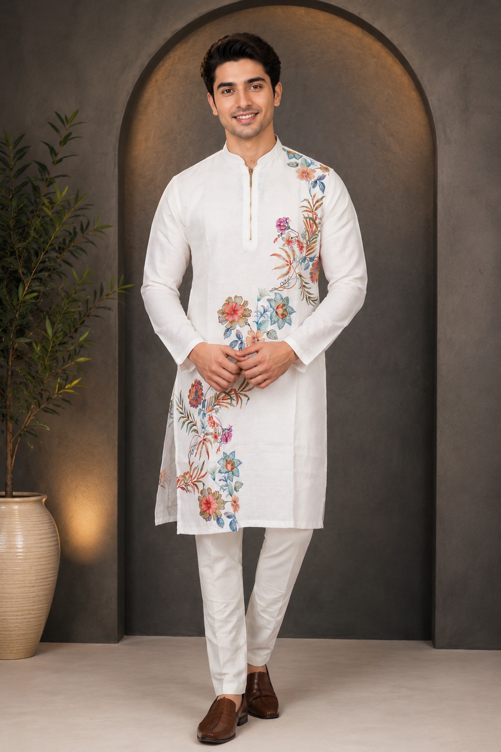 Men's White Floral Embroidered Kurta with White Pajama | Premium Festive Ethnic Wear 33159-368-OWT-PR