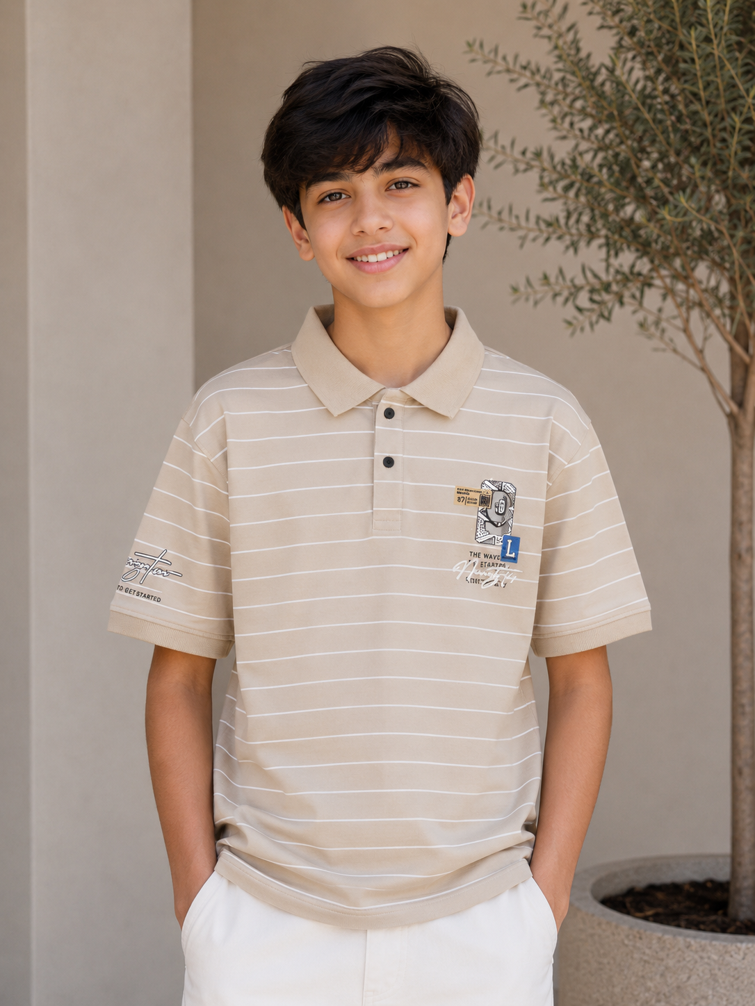 Boys' Premium Beige Cotton Striped Polo T-Shirt with White Trousers Co-Ord Set | Stylish Casual Summer Outfit for Kids 6527-268-BNG-LN