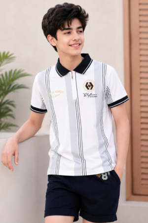 Boys' Premium White Cotton Striped Polo T-Shirt with Navy Blue Shorts Co-Ord Set | Stylish Casual Summer Outfit for Kids  9245-268-WHT BLU-LN