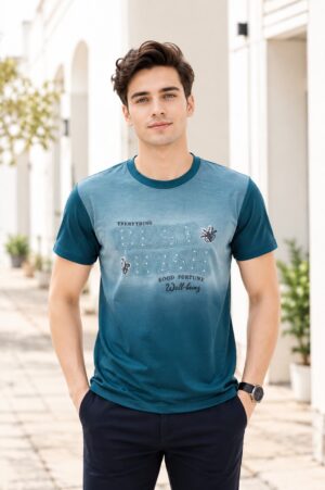 Men's Teal Blue Graphic Printed T-Shirt | Premium Cotton Blend Half Sleeve Round Neck Casual Tee | Regular Fit Everyday Wear 3011PT-362-GRN