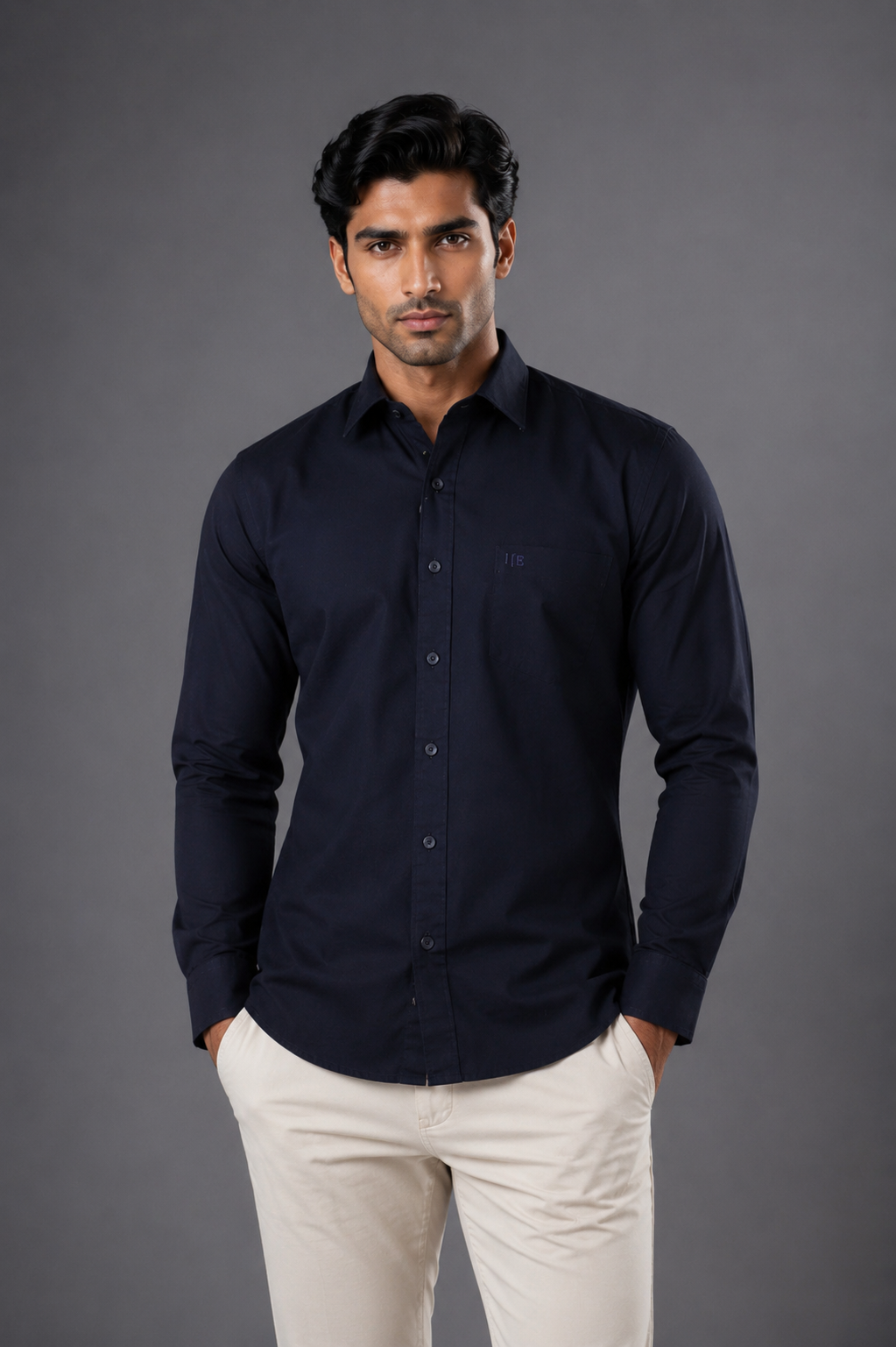 Men's Navy Blue Solid Full Sleeve Casual Shirt | Slim Fit | Button-Down | Premium Cotton Blend | Office & Casual Wear 1236-49-NY BLU
