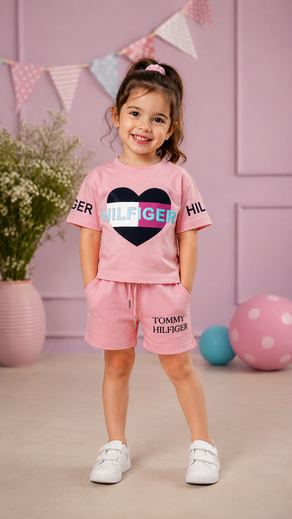 Girls Pink Heart Graphic Cotton Co-Ord Set | Half Sleeve T-Shirt & Shorts Casual Summer Outfit 1010PT-268-PNK BLK